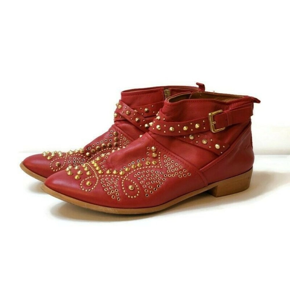 Zara Woman Red Gold Studded Flat Leather Booties